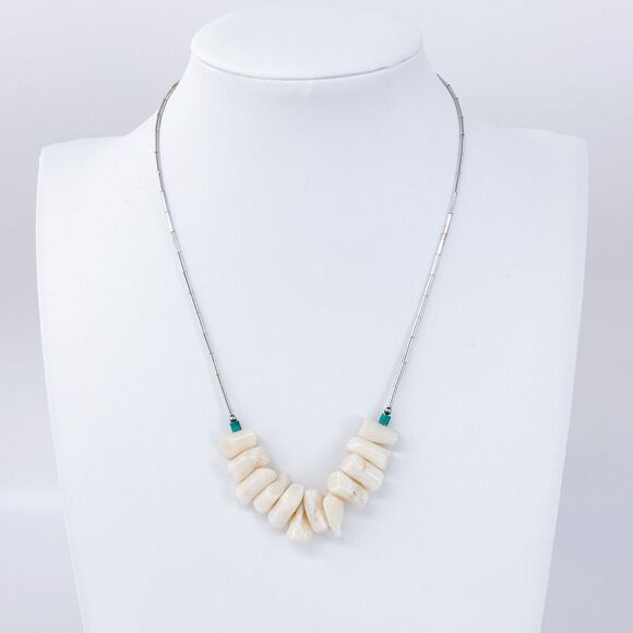 Vintage Sterling Silver 925 White Coral & Turquoise Bead Necklace 15” - Picture 1 of 4